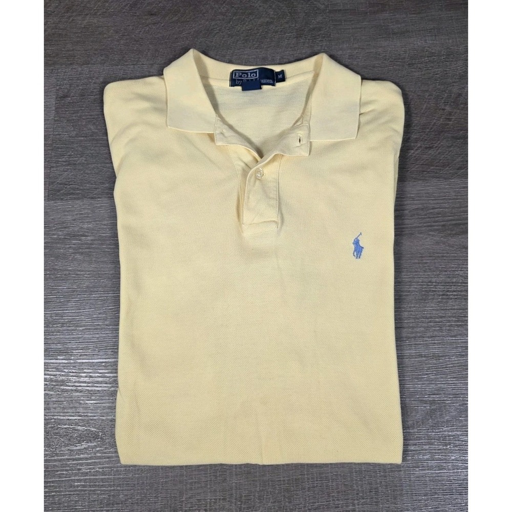 POLO RALPH LAUREN Shirt Mens Medium 100% COTTON‎ PIQUE KNIT Lite  YELLOW 80s 90s - Picture 3 of 9